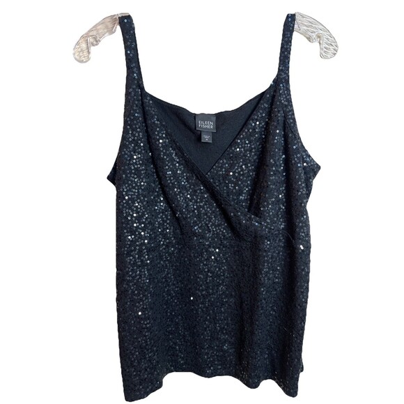 Eileen Fisher Black Sequin Silk Blend Surplice Neck Cami Tank Top Size M - Picture 1 of 10